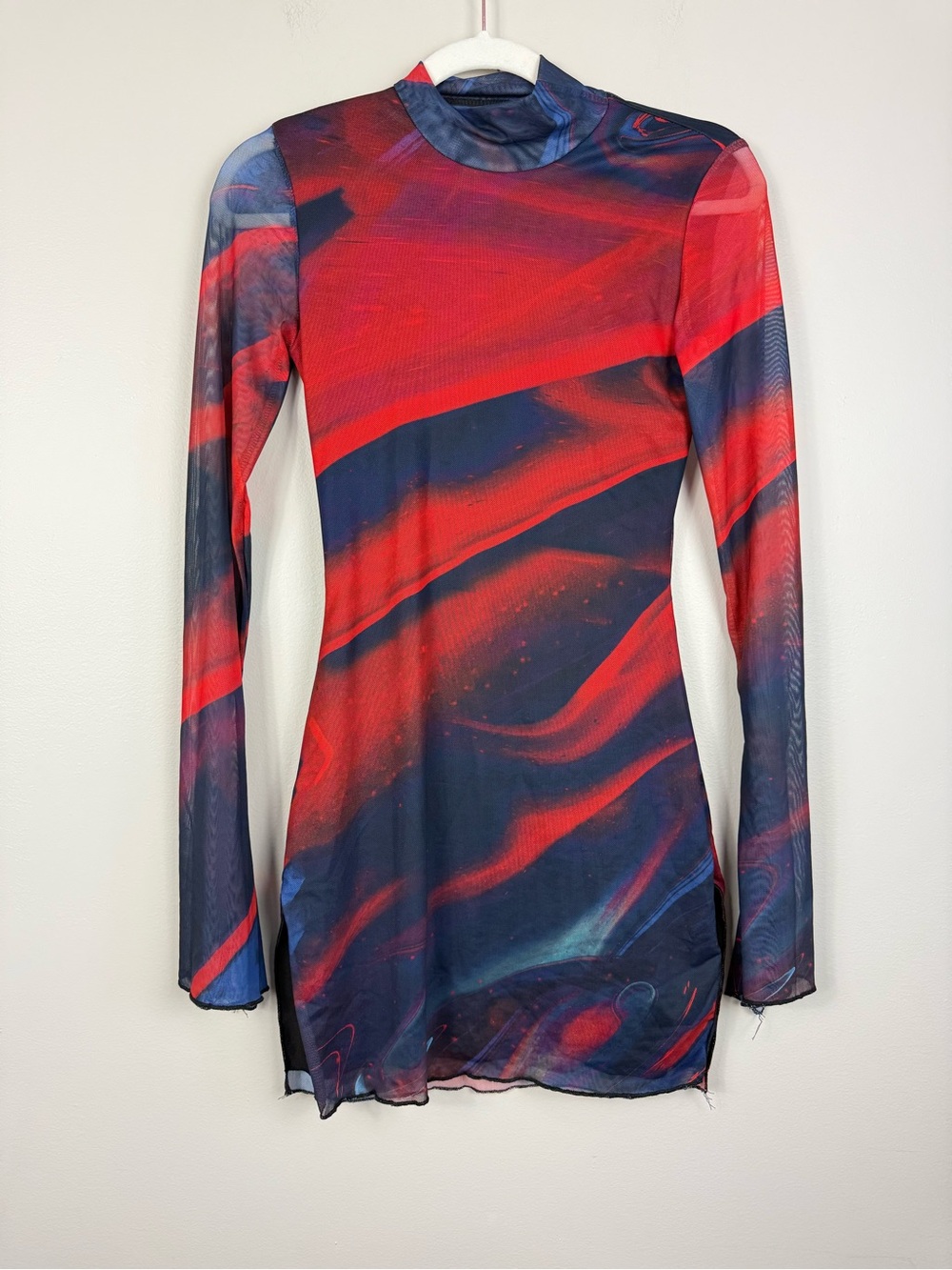Edikted Sparks Fly Mini Mesh Dress Women Small Dolls Kill Red Blue Abstact Print